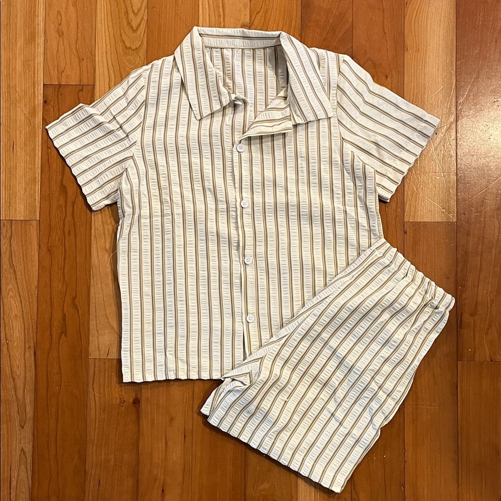 Striped Kids Casual Linen Set - Button Down Shirt and Shorts